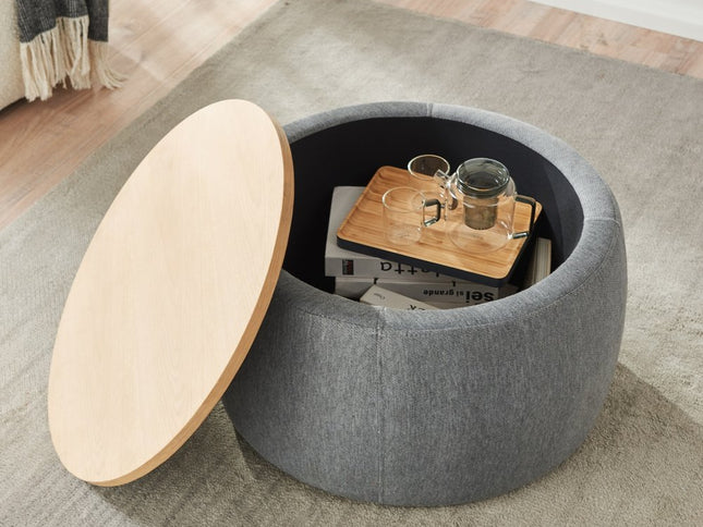 26" Dark Gray and Natural Fabric And Wood Reversible Tray Top Round Storage Ottoman