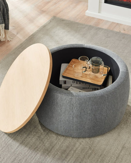 26" Dark Gray and Natural Fabric And Wood Reversible Tray Top Round Storage Ottoman