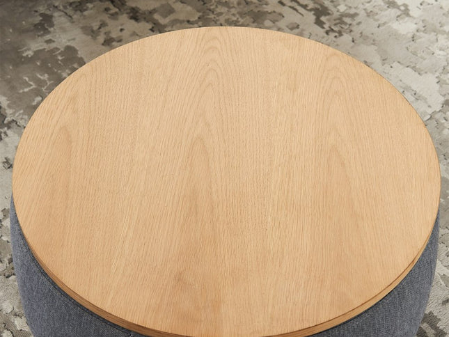 26" Dark Gray and Natural Fabric And Wood Reversible Tray Top Round Storage Ottoman