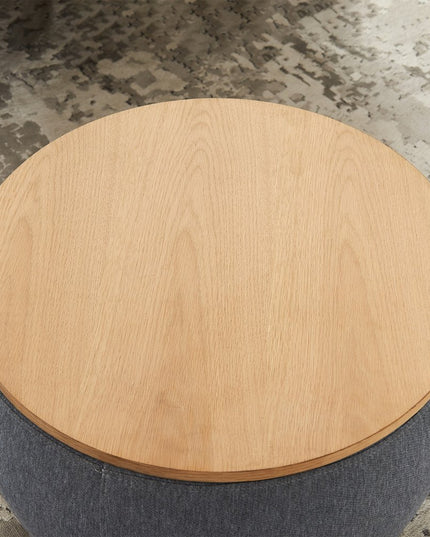 26" Dark Gray and Natural Fabric And Wood Reversible Tray Top Round Storage Ottoman