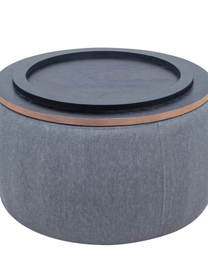 26" Dark Gray and Natural Fabric And Wood Reversible Tray Top Round Storage Ottoman