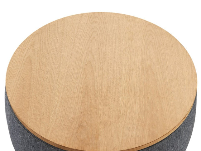 26" Dark Gray and Natural Fabric And Wood Reversible Tray Top Round Storage Ottoman