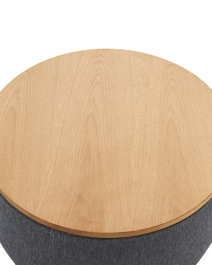 26" Dark Gray and Natural Fabric And Wood Reversible Tray Top Round Storage Ottoman