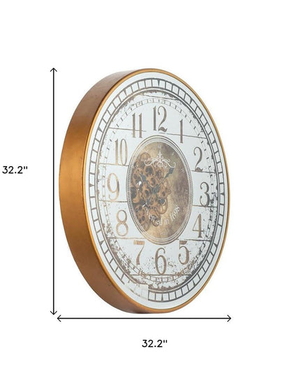32" Circle Gold and Silver Metal and Mirror Analog Exposed Gear Wall Clock