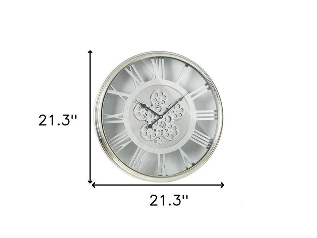 21" Circle Silver Metal and Glass Analog Exposed Gear Wall Clock