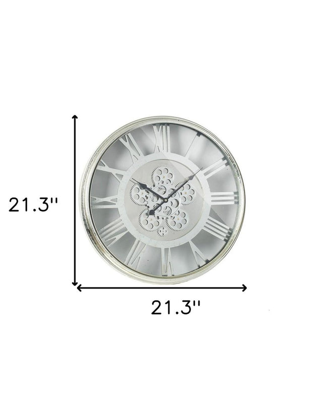 21" Circle Silver Metal and Glass Analog Exposed Gear Wall Clock