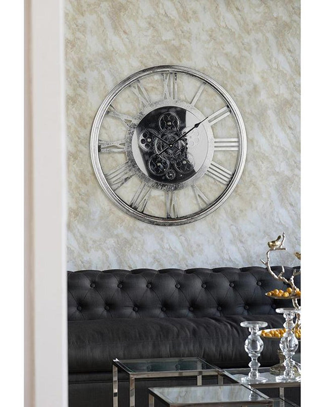 21" Circle Silver Metal and Glass Analog Exposed Gear Wall Clock