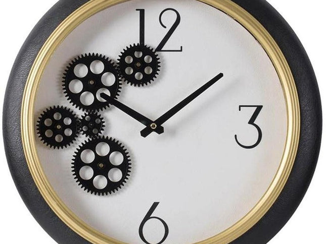 16" Black Gold And White Faux Leather And Iron Analog Exposed Gear Round Wall Clock