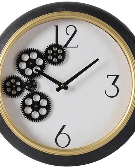 16" Black Gold And White Faux Leather And Iron Analog Exposed Gear Round Wall Clock