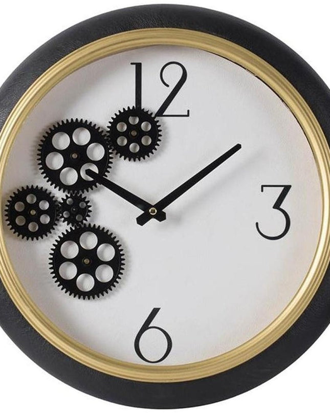 16" Black Gold And White Faux Leather And Iron Analog Exposed Gear Round Wall Clock