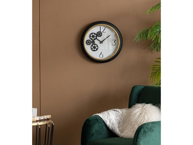 16" Black Gold And White Faux Leather And Iron Analog Exposed Gear Round Wall Clock