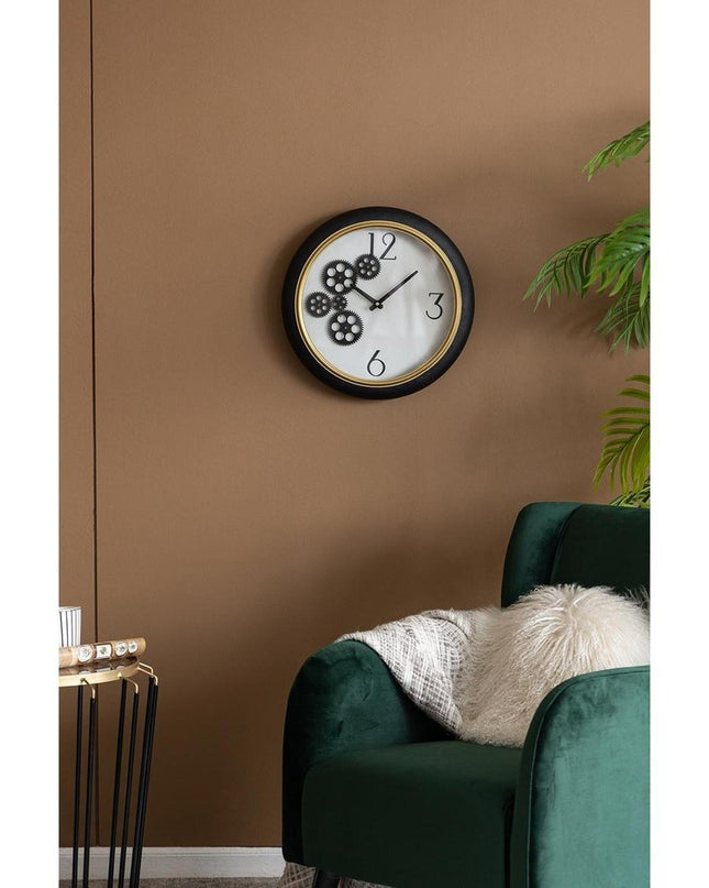 16" Black Gold And White Faux Leather And Iron Analog Exposed Gear Round Wall Clock