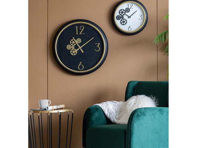 16" Black Gold And White Faux Leather And Iron Analog Exposed Gear Round Wall Clock