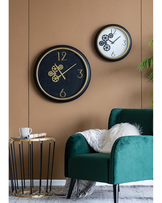 16" Black Gold And White Faux Leather And Iron Analog Exposed Gear Round Wall Clock