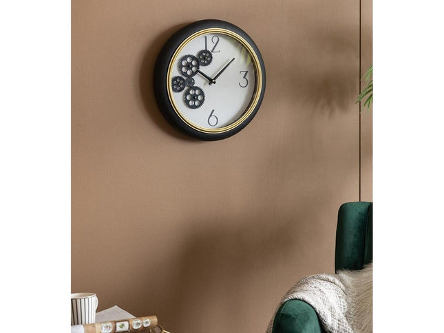 16" Black Gold And White Faux Leather And Iron Analog Exposed Gear Round Wall Clock