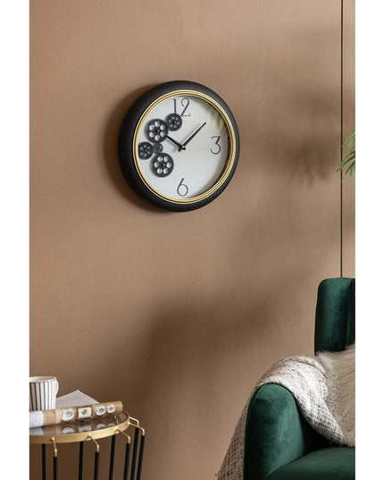 16" Black Gold And White Faux Leather And Iron Analog Exposed Gear Round Wall Clock