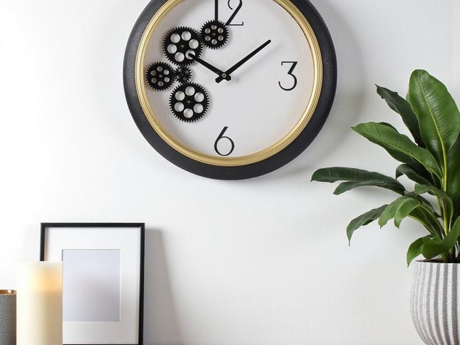16" Black Gold And White Faux Leather And Iron Analog Exposed Gear Round Wall Clock