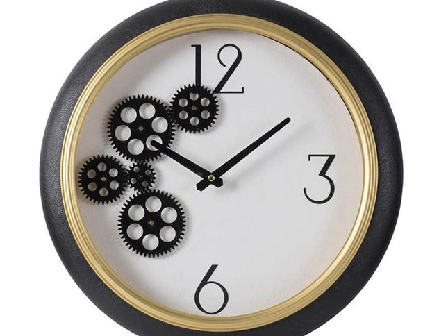 16" Black Gold And White Faux Leather And Iron Analog Exposed Gear Round Wall Clock