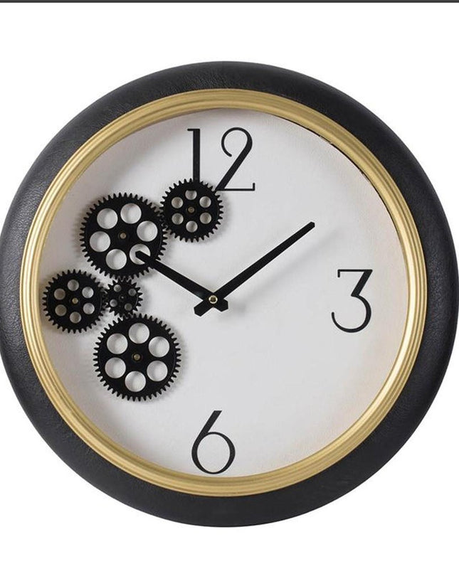 16" Black Gold And White Faux Leather And Iron Analog Exposed Gear Round Wall Clock