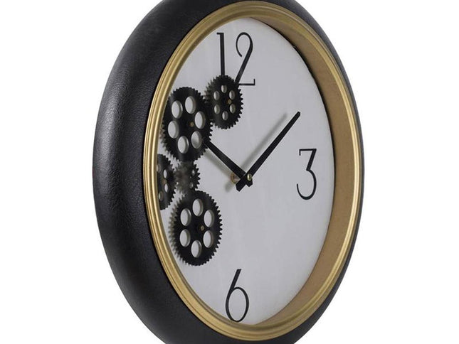 16" Black Gold And White Faux Leather And Iron Analog Exposed Gear Round Wall Clock