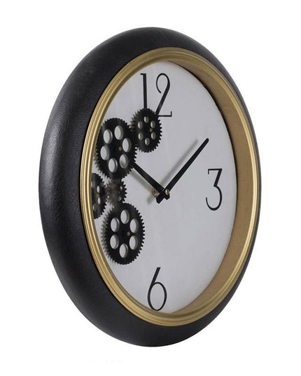 16" Black Gold And White Faux Leather And Iron Analog Exposed Gear Round Wall Clock