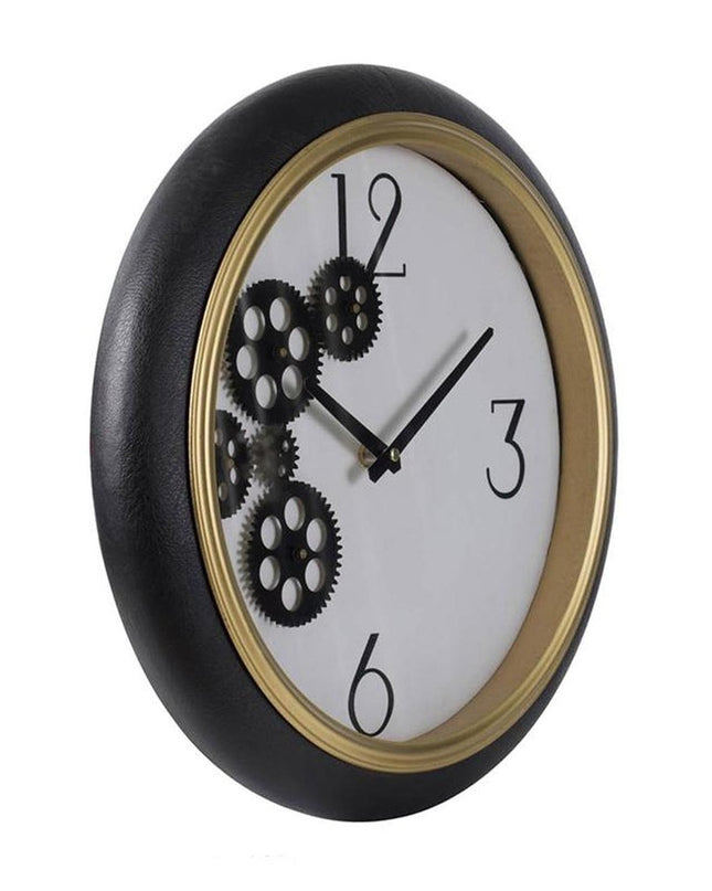 16" Black Gold And White Faux Leather And Iron Analog Exposed Gear Round Wall Clock