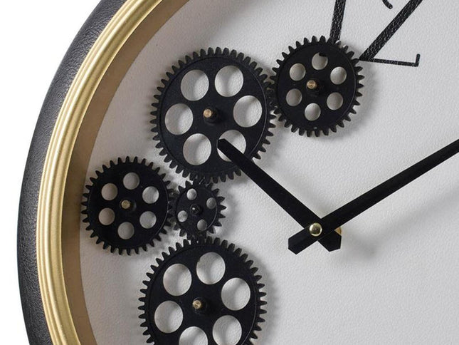 16" Black Gold And White Faux Leather And Iron Analog Exposed Gear Round Wall Clock