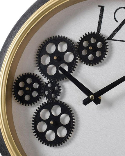 16" Black Gold And White Faux Leather And Iron Analog Exposed Gear Round Wall Clock