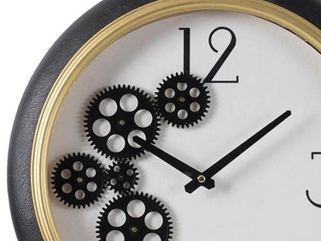 16" Black Gold And White Faux Leather And Iron Analog Exposed Gear Round Wall Clock