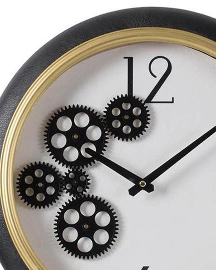 16" Black Gold And White Faux Leather And Iron Analog Exposed Gear Round Wall Clock