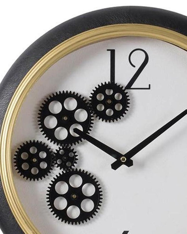 16" Black Gold And White Faux Leather And Iron Analog Exposed Gear Round Wall Clock