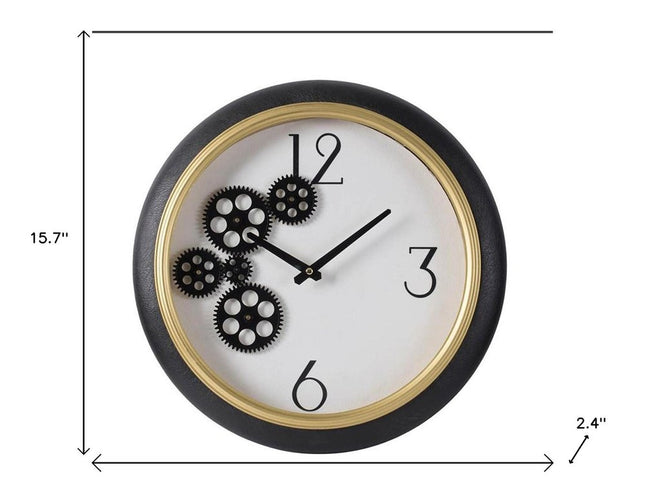16" Black Gold And White Faux Leather And Iron Analog Exposed Gear Round Wall Clock