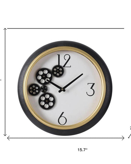 16" Black Gold And White Faux Leather And Iron Analog Exposed Gear Round Wall Clock