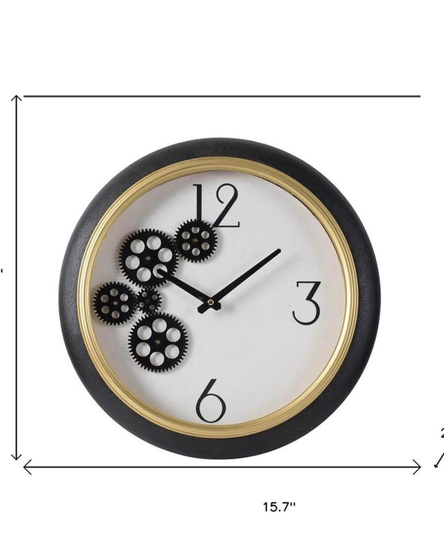 16" Black Gold And White Faux Leather And Iron Analog Exposed Gear Round Wall Clock