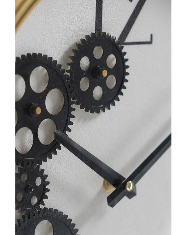 16" Black Gold And White Faux Leather And Iron Analog Exposed Gear Round Wall Clock