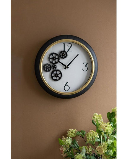 16" Black Gold And White Faux Leather And Iron Analog Exposed Gear Round Wall Clock