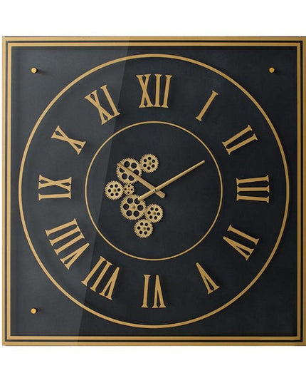 35" Black And Gold Glass And Metal Exposed Gear Square Wall Clock