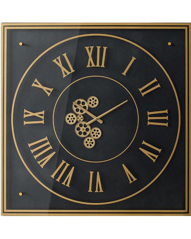35" Black And Gold Glass And Metal Exposed Gear Square Wall Clock