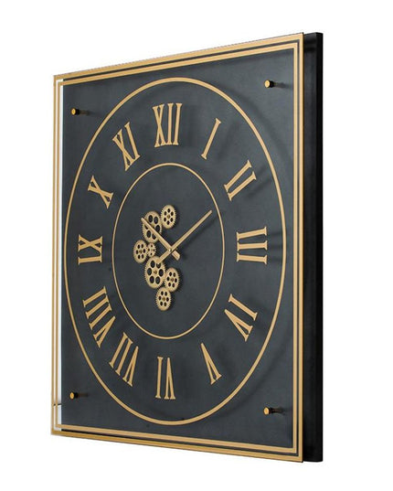 35" Black And Gold Glass And Metal Exposed Gear Square Wall Clock