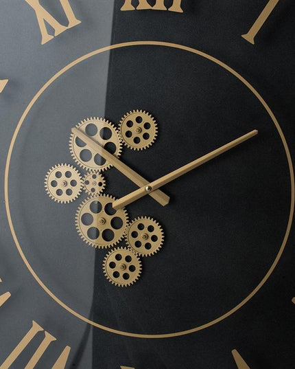35" Black And Gold Glass And Metal Exposed Gear Square Wall Clock