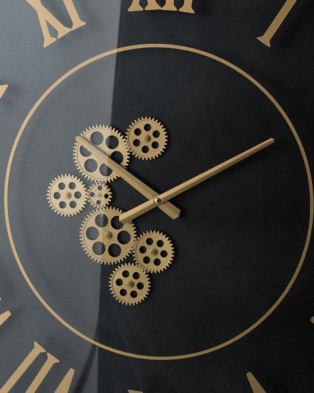 35" Black And Gold Glass And Metal Exposed Gear Square Wall Clock