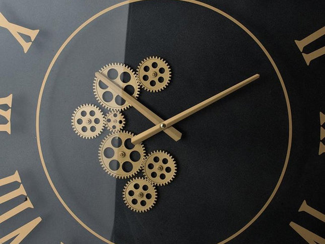 35" Black And Gold Glass And Metal Exposed Gear Square Wall Clock
