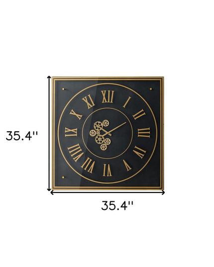 35" Black And Gold Glass And Metal Exposed Gear Square Wall Clock