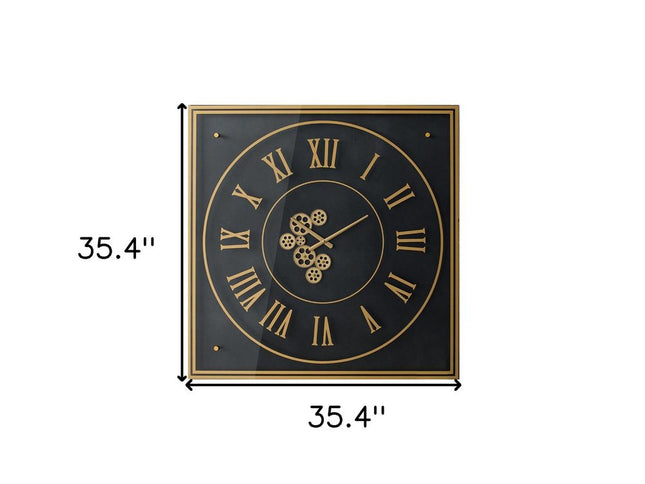 35" Black And Gold Glass And Metal Exposed Gear Square Wall Clock