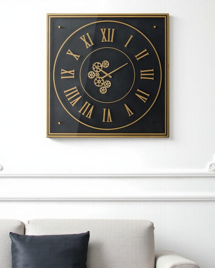 35" Black And Gold Glass And Metal Exposed Gear Square Wall Clock