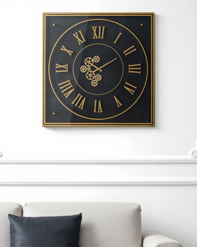 35" Black And Gold Glass And Metal Exposed Gear Square Wall Clock
