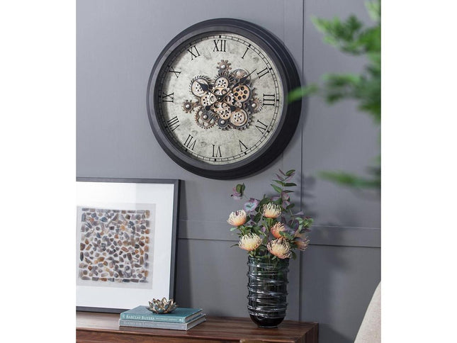 28" Circle Black and Gray Wood and Glass Analog Exposed Gear Wall Clock