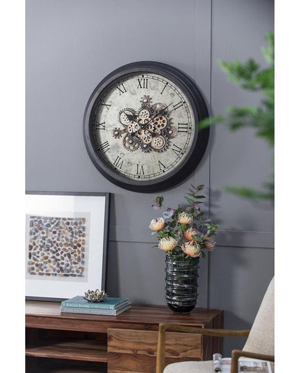 28" Circle Black and Gray Wood and Glass Analog Exposed Gear Wall Clock