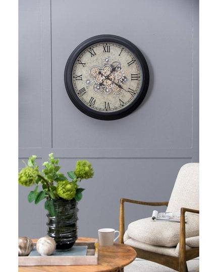 28" Circle Black and Gray Wood and Glass Analog Exposed Gear Wall Clock