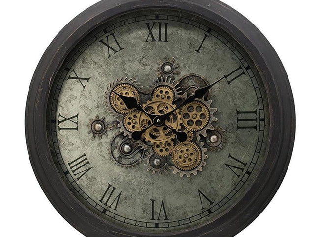 28" Circle Black and Gray Wood and Glass Analog Exposed Gear Wall Clock